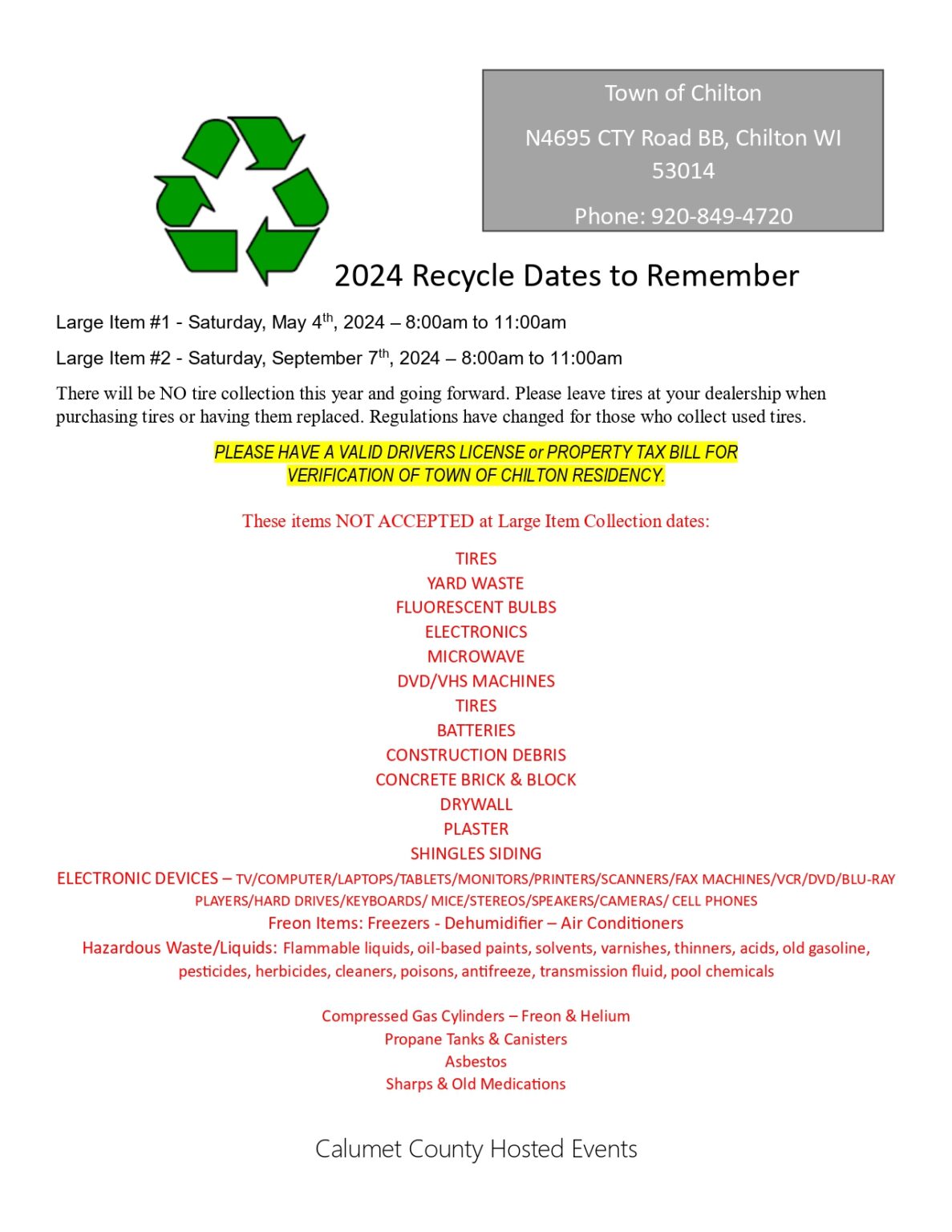 2024 Recycle Dates to Remember Town of Chilton, Calumet County, WI
