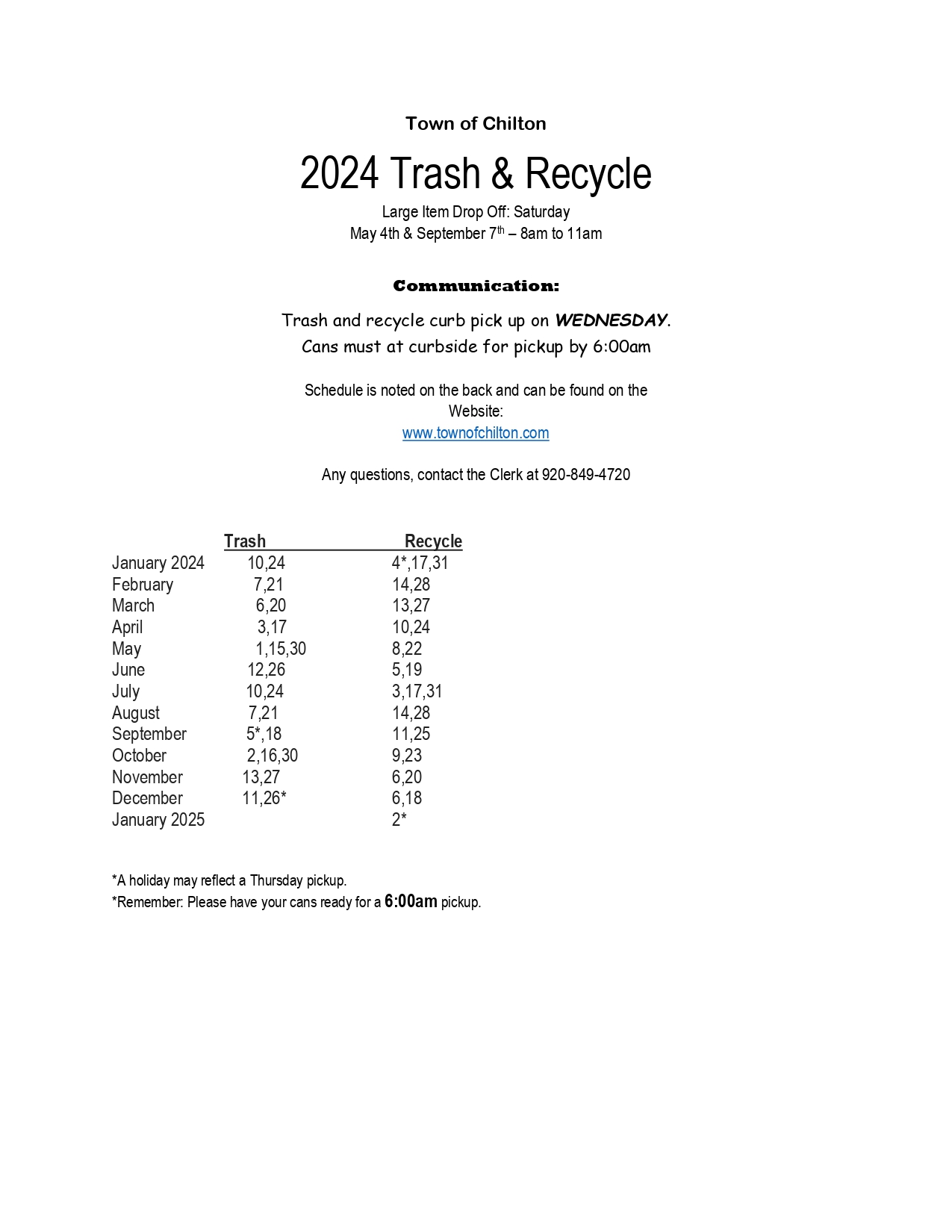 2024 Trash & Recycle Town of Chilton, Calumet County, WI